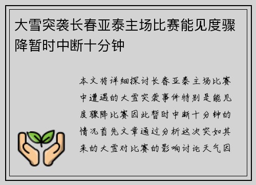 大雪突袭长春亚泰主场比赛能见度骤降暂时中断十分钟 大雪突袭长春亚泰主场比赛能见度骤降暂时中断十分钟