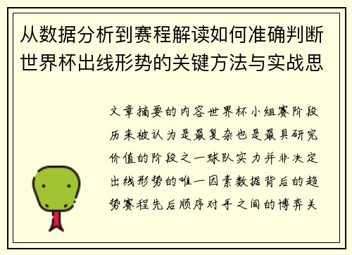 从数据分析到赛程解读如何准确判断世界杯出线形势的关键方法与实战思路